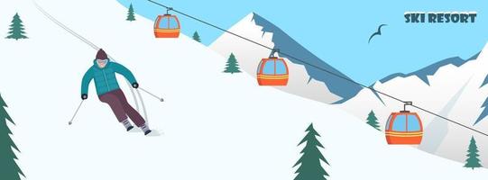 Ski resort. Winter mountain landscape with ski lift and skier, racing down the slope. Winter sports vacation banner. Vector illustration.