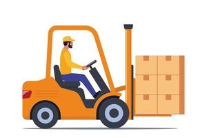 Orange forklift truck with driver and pile of boxes. Electric uploader. Delivery, logistic and shipping cargo. Warehouse and storage equipment. Flat vector illustration.