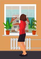 Woman with a cup of coffee stands by the window. Room plants in pots on the windowsill. Blinds on the window, beautiful private house outside the window. Vector illustration in flat style.