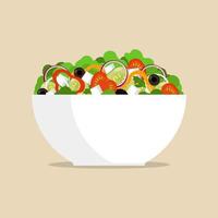 Fresh greek salad in big bowl, side view. Tomato, sweet pepper, onion, greens, cheese, olives, cucumber, mixed in plate. Vector flat illustration.