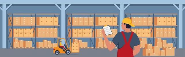 Warehouse Interior with Boxes On Rack And People Working. Logistic Delivery Service Concept. Vector illustration.