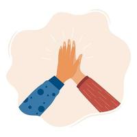 Two hands clapping in high five gesture. Multicultural people putting hands together. Teamwork, friendship, unity, help, equality, support, partnership, community concept. Vector illustration.