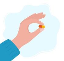 Human hand holding pill between fingers vector illustration in flat style. Medication treatment, pharmacy and medicine, concept vector illustration.