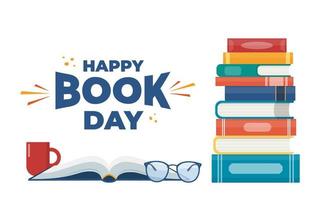 World book day. Stack of books and open book with glasses and cup. Vector illustration.