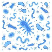 Different bacteria, pathogenic microorganisms. Bacteria and germs, microorganisms disease-causing, bacteria, bacteria, viruses, fungi, protozoa, probiotic. Vector illustration.