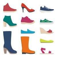 varios calzados, conjunto de iconos. coloridos zapatos y botas para mujeres y hombres. ilustración vectorial colección para tienda y moda. vector
