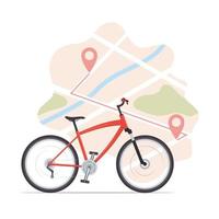 Bike, map with start and finish markers. Bicycle rental, bike sharing or delivery service. City map with pins and bike. Vector flat illustration for banner, flyer, card.