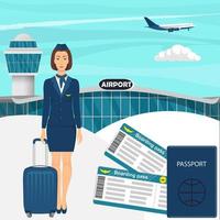 Travel concept with stewardess woman in blue uniform with suitcase, flight tickets, passport, airport building, airplane in the sky on background. Vector illustration.