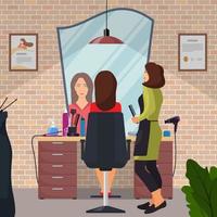 Hairdresser and woman client in beauty hairdressing salon. Chair, mirror, table, hairdressing tools, cosmetic products for hair care. Barber shop interior. Flat style vector illustration.