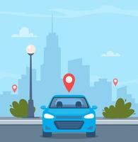 Blue car on street with red pin above it on the urban landscape background. Online car sharing service concept vector illustration.
