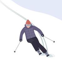 The skier rushes down the slope with a smile on his face. Winter holidays in the mountains. Alpine skiing. Vector illustration in flat style.