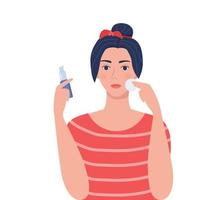 mujer joven limpiándose la cara con una almohadilla de algodón, sosteniendo una loción de limpieza en la mano. belleza, cuidado de la piel y concepto cosmético. ilustración vectorial en estilo plano. vector