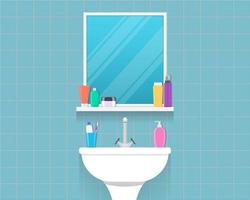 Bathroom sink with mirror, cosmetic bottles, jar of cream, liquid soap, toothpaste and toothbrush. Part of bathroom interior. Flat style vector illustration.
