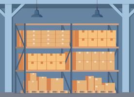 Warehouse. Storage. Shelvings with cardboard boxes. Warehouse racks. Vector flat illustration.