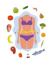 Weight loss concept. Slim woman body in underwear surrounded by healthy food icons. Healthy food. Vector illustration.