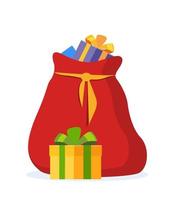 Full red bag of gifts from Santa Claus. Christmas decorative element. Flat vector illustration.