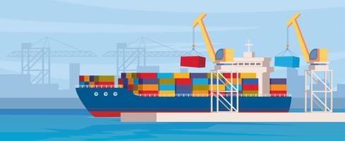 Cargo ship loading in city port. Cranes on dockside, pier unloading shipping containers from freight vessel to shore. Vector illustration in flat style.