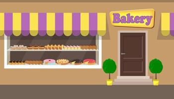 Bakery shop building facade with signboard. Different cakes and pies on shelves behind the window glass. Bakery facade vector illustration in flat style.