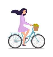 hermosa joven montando en bicicleta con flores en una canasta. linda chica con un bonito vestido con el pelo revoloteando en el viento corre en bicicleta. ilustración plana vectorial. vector