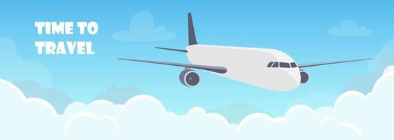 Flying plane above the clouds. Aircraft in the sky. Travel concept illustration for advertising airline, website to search for air tickets, travel agency. Traveling flyer, banner, vector illustration.