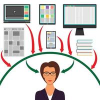 mujer de negocios rodeada de aparatos, libros y periódicos. computadora, teléfono inteligente, tableta, computadora portátil y flechas a la cabeza de la mujer. protección contra el concepto de sobrecarga de información. vector. vector