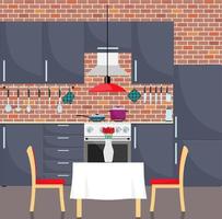 Modern stylish kitchen interior. Kitchen utensils and appliances, furniture, gas stove, refrigerator. Pan and frying pan on the stove. Vector illustration in flat style.