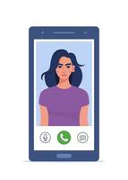 Video call on smartphone. Young woman on smartphone screen with connection icons. Communication online using the phone. Talking through video call. Chatting online. Vector illustration.