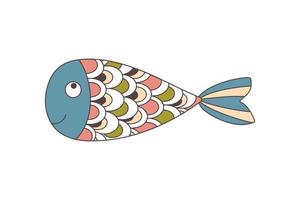 Smiling fish with openwork multicolored scales. Doodles. Boho style. For textiles, children clothing, wallpaper, packaging, wrapping paper. Simple vector illustration isolated on white background