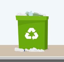 Container with waste. Recycling and sorting garbage. Green trash bin with recycling symbol. Bin full of garbage. Vector illustration.