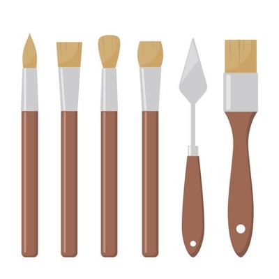 Tools for painting. Paint brushes, various forms. Different artist brushes, palette knife, icon set. Vector flat illustration, isolated.