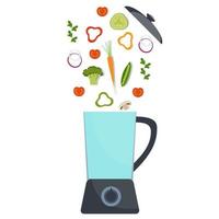 Blender with different vegetables. Broccoli, pepper, red tomato, carrot, onion, greens. Vector illustration in flat style.