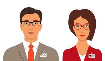 Man and woman in business suits with badges and glasses. Business avatar profile picture. Vector illustration, isolated.