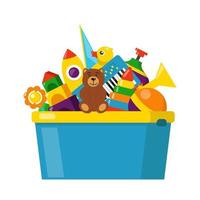 caja de juguetes para niños llena de juguetes. cubos, perinola, pato, sonajero de pelota, pirámide, pipa, oso, pelota, cohete, pandereta, bote. ilustración vectorial de estilo plano moderno. vector