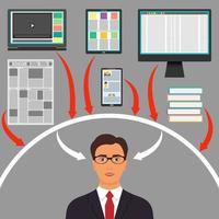 Businessman surrounded by gadgets, books and newspaper. Computer, smartphone, tablet, laptop and arrows to the woman s head. Protection from information overload concept. Vector. vector