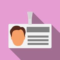 Name tag badge with man s head silhouette. Plastic horizontal badge with clasp. Name card icon with shadow. Vector illustration in flat style.