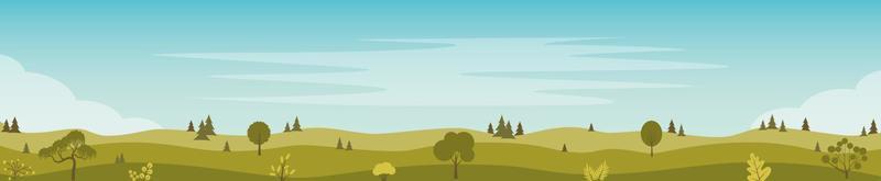 hermoso paisaje de campos con verdes colinas, árboles, arbustos. paisaje rural. plantilla de banner horizontal de fondo de campo. ilustración plana vectorial. vector