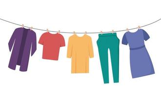 Clothes on clothesline. Clothes and accessories after washing on a rope. T-shirt, dress, trousers, blouse. Flat vector illustration for housekeeping, cleanliness concept.