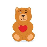 Cute Teddy bear holding big red heart in the paws. The concept of Valentine's Day. Flat vector illustration.