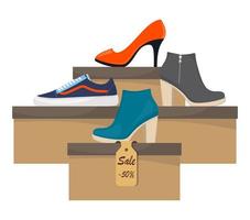 Shoe boxes with woman s footwear. Stylish modern sneakers, woman s high heel shoes on box, side view. The price tag with discount of 50 percent. Shoes sale in store. Vector flat illustration.