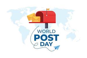 World Post Day with Flying mail paper on the world with world map background. Red post box with envelope. Vector illustration.