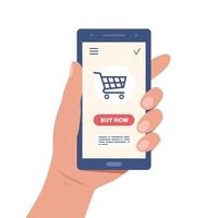 Online shopping concept. Hand holding smartphone with basket on screen. Buy online now. Vector illustration.