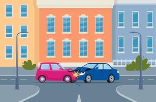 Car accident. Damaged transport on city street. Collision of two cars, side view. Road collisition. Damaged transport. Collision on road, safety of driving personal vehicles, car insurance. Vector. vector