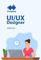 Recruitment web vertical banner concept. UI UX Designer needed. Web designer. Young woman working on laptop in office. Job offer, vacancy, HR, hiring. Vector flat Illustration.