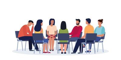 Group psychotherapy. Persons sitting in circle and talking. People meeting. Psychotherapy training, business lecture or conference. Man woman support group. Vector illustration.