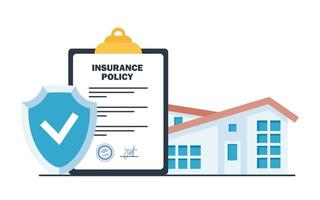 Real estate Insurance concept. Insurance policy on clipboard Safety security shield. House insurance business services. Residential home real estate protection. Vector illustration.