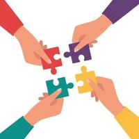 Four hands putting multicolor puzzle pieces together. Teamwork, cooperation, business, solution, work concept.Vector illustration. vector