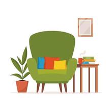 Cute interior with modern armchair, pillow, plant, wall picture, table, books, cup of tea or coffee. Cozy room design. Living room interior. Vector flat style illustration.