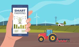 Smart farming, futuristic technologies in farm industry. Smartphone with app for control plants growing, agricultural automation. Tractor plowing the field. Vector illustration.