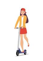Cute girl riding kick scooter. Teen girl in short skirt, jacket and baseball cap rides on scooter. Young charming female character on kick scooter, vector in flat style.
