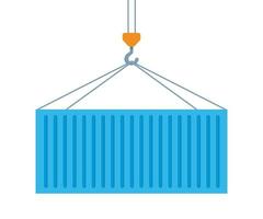 Crane lifts with blue cargo container. Industrial crane hook and Transportation Container isolated on white background. Freight Shipping concept. Vector illustration.